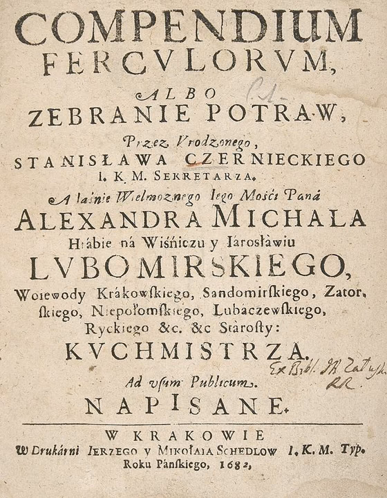 Title page of Stanisław Czerniecki's Compendium Ferculorum, 1682, with ornate Baroque Polish typography.