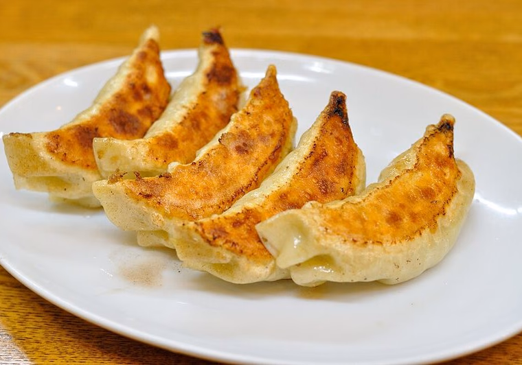 Plate of pan-fried gyoza, browned side up; crescent pleats clearly visible along the top edge. Cooked.