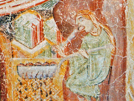 Medieval fresco of a woman tasting a dumpling from a long spoon over a pot of round dumplings above a fire.